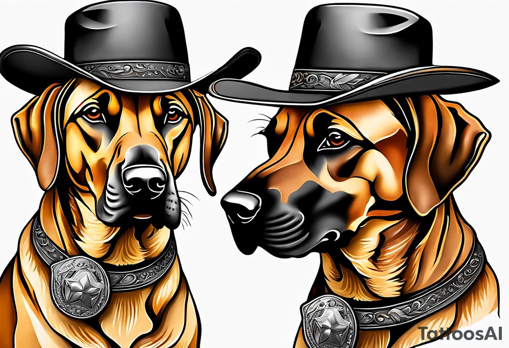 Western themed Rhodesian ridgeback wearing a cowboy hat tattoo idea