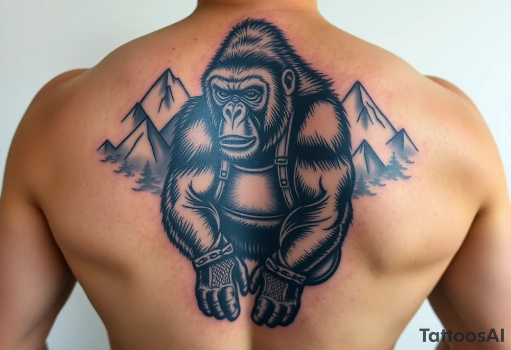 Silverback gorilla wearing amateur wrestling shoes and an singlet for a match as a person would. The surrounding area is mountainous jungle tattoo idea