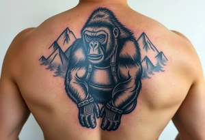 Silverback gorilla wearing amateur wrestling shoes and an singlet for a match as a person would. The surrounding area is mountainous jungle tattoo idea