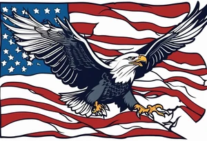 American eagle flying holding American flag on pole with beak tattoo idea