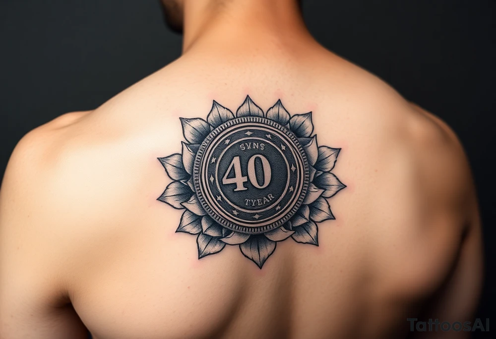Shoulder tattoo that has a 40 year AA coin medallion with lotus flowers surrounding it tattoo idea