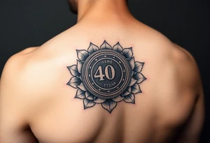 Shoulder tattoo that has a 40 year AA coin medallion with lotus flowers surrounding it tattoo idea