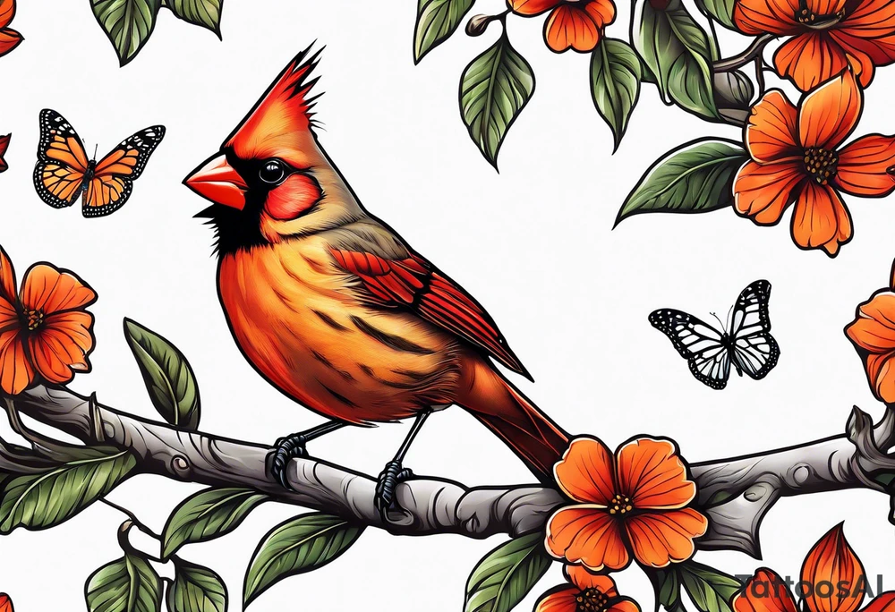 Female cardinal on a branch with monarch butterfly flying tattoo idea