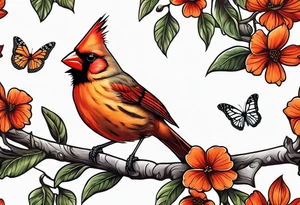 Female cardinal on a branch with monarch butterfly flying tattoo idea