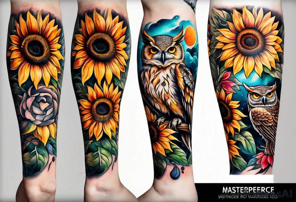 Leg sleeve with colorful sunflowers and an owl tattoo idea