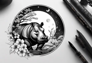 Very asymmetrical, +geometric pattern, with realistic full moon, with seeious looking hippo, +zen feel, + Buddhism touch,
with wintersweet flower bud, +portrait orientation, +inkart touch, tattoo idea