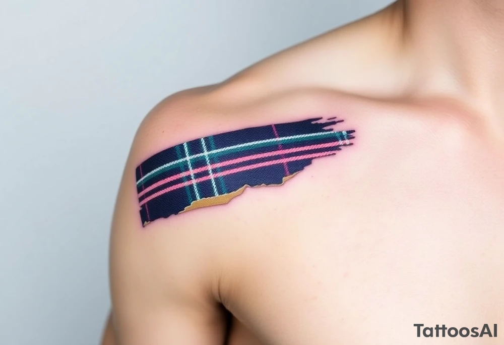 Side of arm Dark Purple with green pink blue and white highlights tartan fabric with skin peeling away at edges tattoo idea