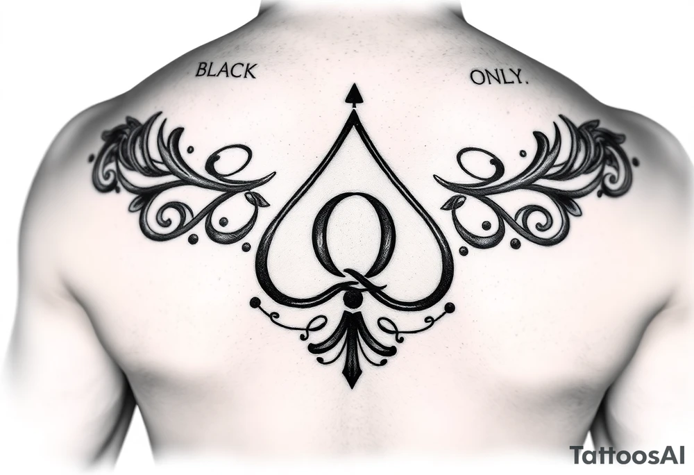 A spade womb tattoo with a Q in the center, with three points around the outside. The first reading, "BLACK". The second reading, "BABY". The third reading, "ONLY". tattoo idea