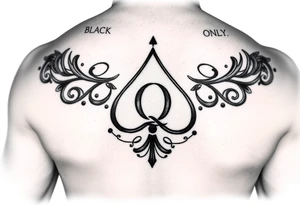 A spade womb tattoo with a Q in the center, with three points around the outside. The first reading, "BLACK". The second reading, "BABY". The third reading, "ONLY". tattoo idea