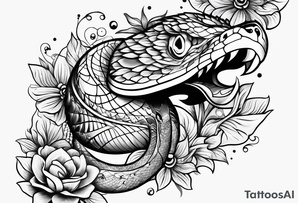 Snake with 2 fish and flowers tattoo idea