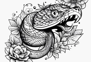 Snake with 2 fish and flowers tattoo idea