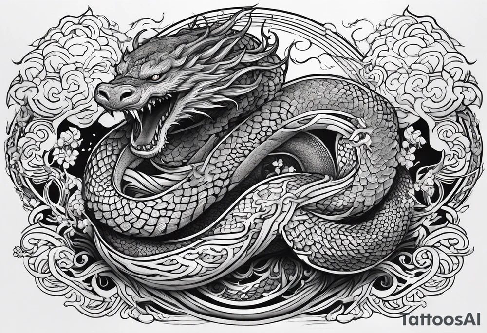 Jormungandr wrapped around Yggdrasil with water enveloping tattoo idea