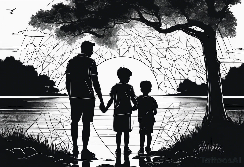 Silhouette of father standing in between daughter and younger son in front of water with tree and shading background tattoo idea