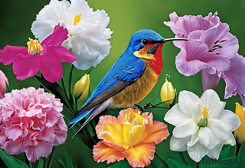 Humingbird made out of Carnation, Snowdrop, Violet, Primrose, Daffodil, jonquil, Lily of the Valley, Hawthorne, Rose, Honeysuckle, Larkspur, Water Lily, Gladiolus & Poppie, Aster, Morning Glory, Chrysanthemum,  Peony, Holly, Narcissus tattoo idea