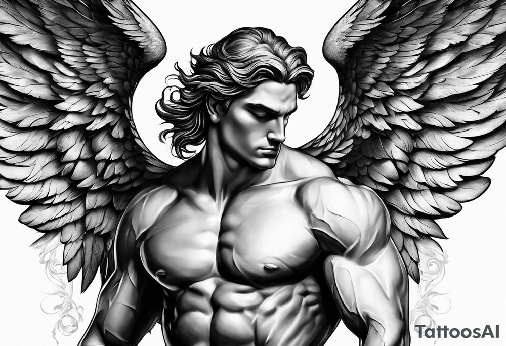 male muscular greece fallen angel tattoo idea