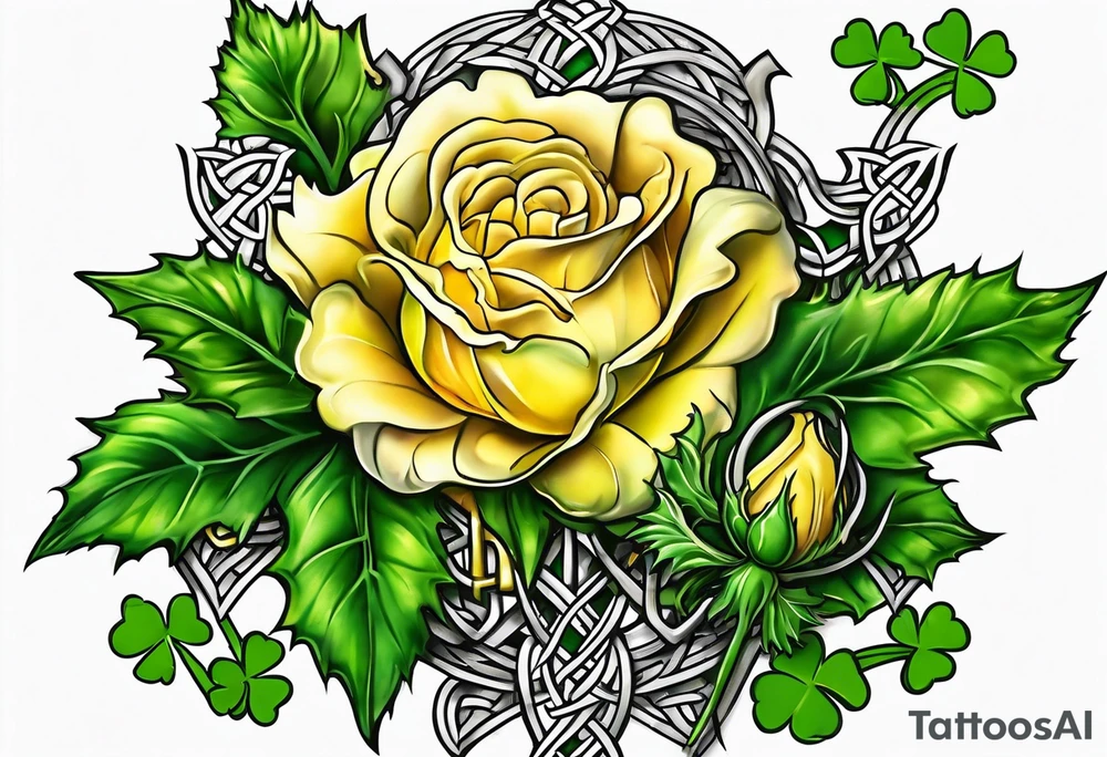 A Scottish thistle, a yellow rose and a shamrock with stems intertwined spelling KND in celtic lettering tattoo idea