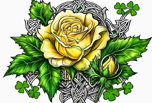 A Scottish thistle, a yellow rose and a shamrock with stems intertwined spelling KND in celtic lettering tattoo idea