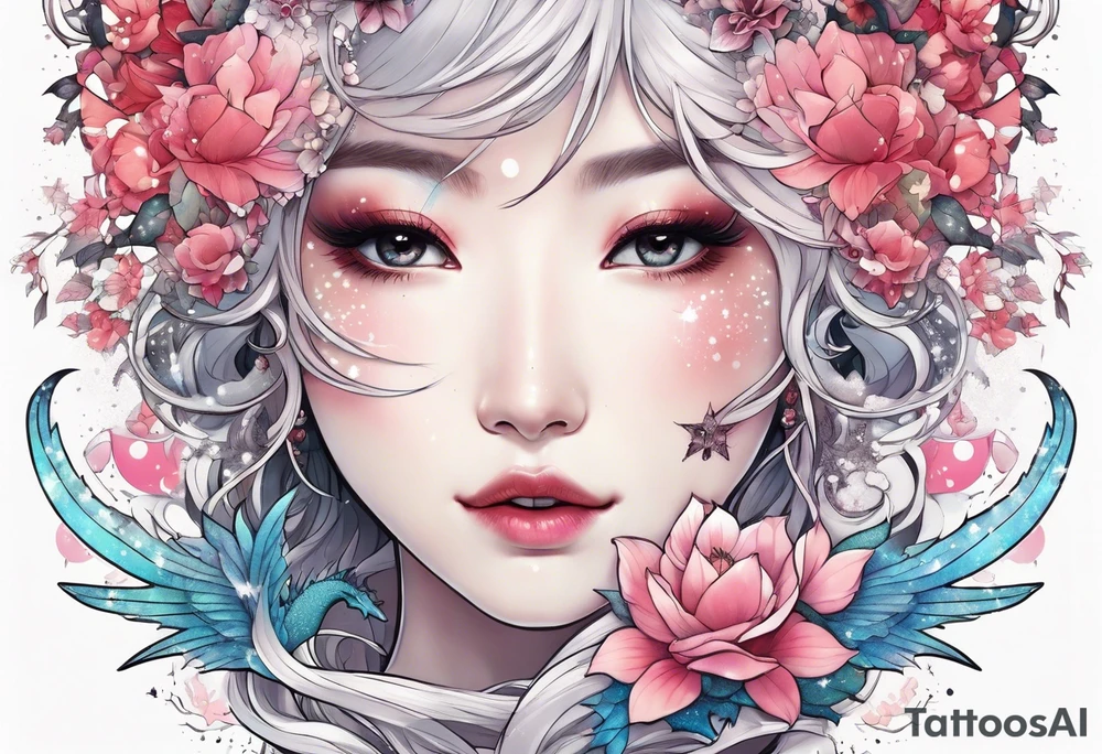 Constellation, wing , snow , cross , dragon female japan kawaii , flower tattoo idea