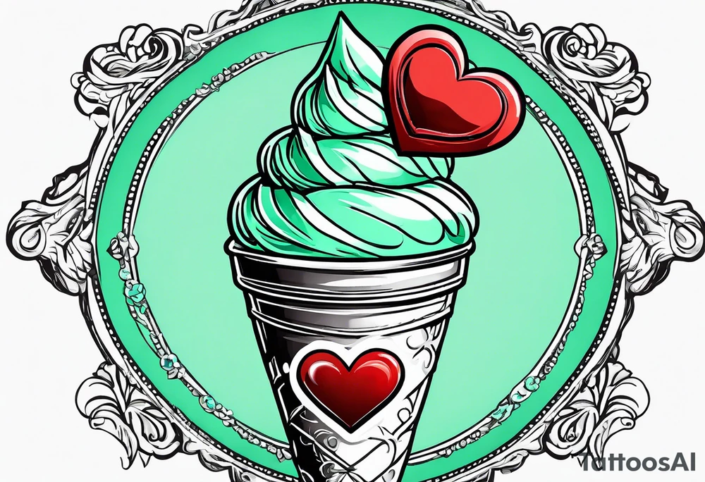 mint chocolate chip ice cream cone with small red heart on it somewhere. tattoo idea