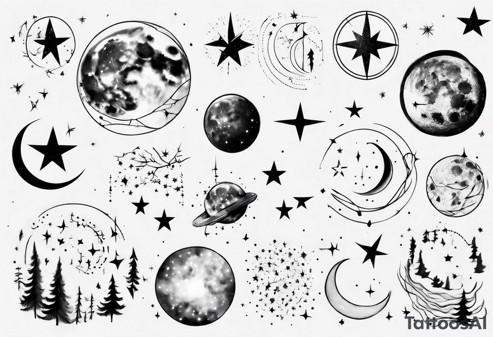 Night sky with moon and stars and constellations tattoo idea