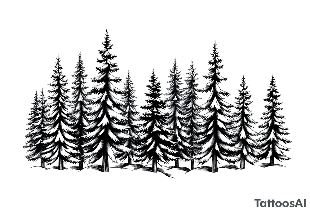 Coniferous forest trees in black and gray tattoo sleeve tattoo idea