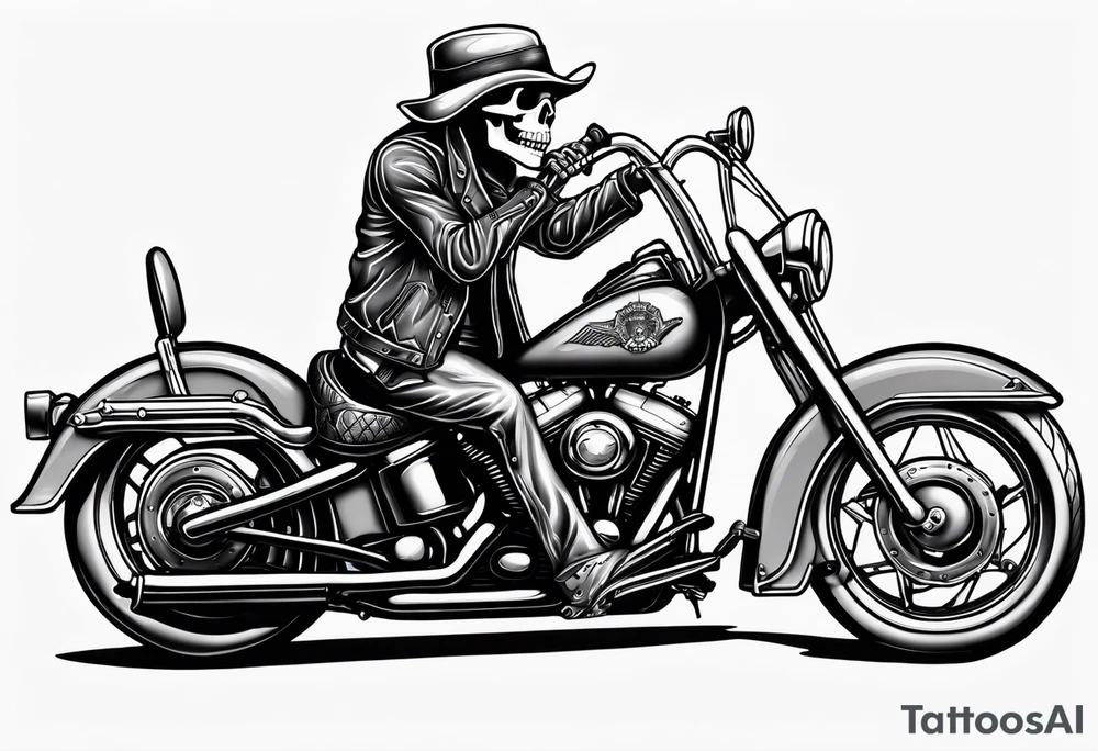 Old school skeleton holding a shotgun riding a harley davidson low rider tattoo idea