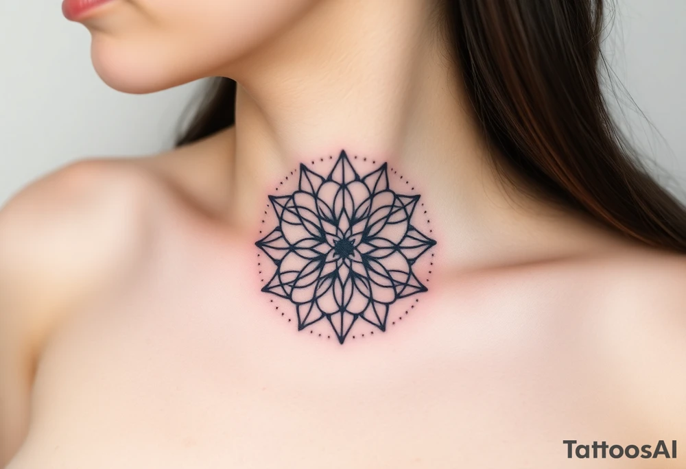 A symmetrical Flower of Life with hexagonal crystal and geometrical details in round cyrcle, enhancing its sacred geometric nature. tattoo idea