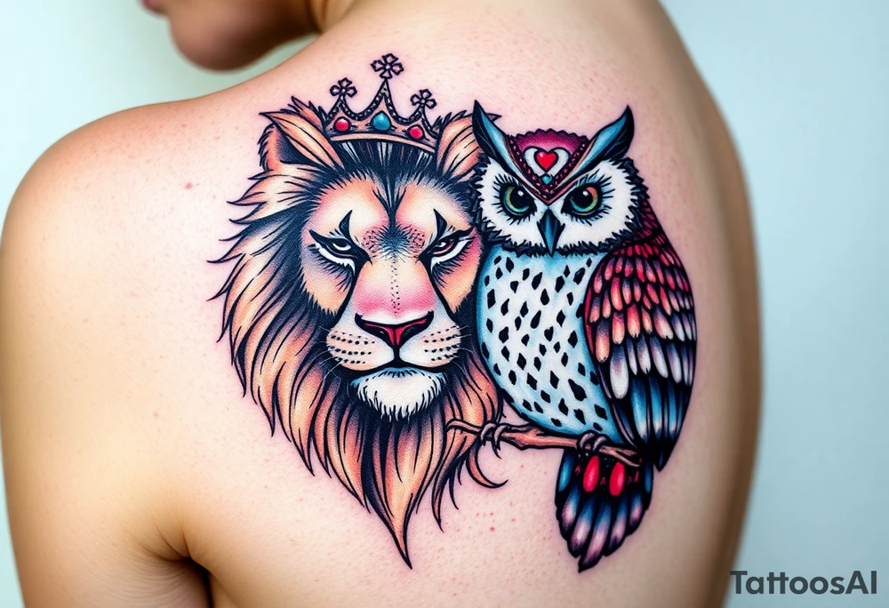 powerful majestic female lion with a tiara and male owl with love tattoo idea
