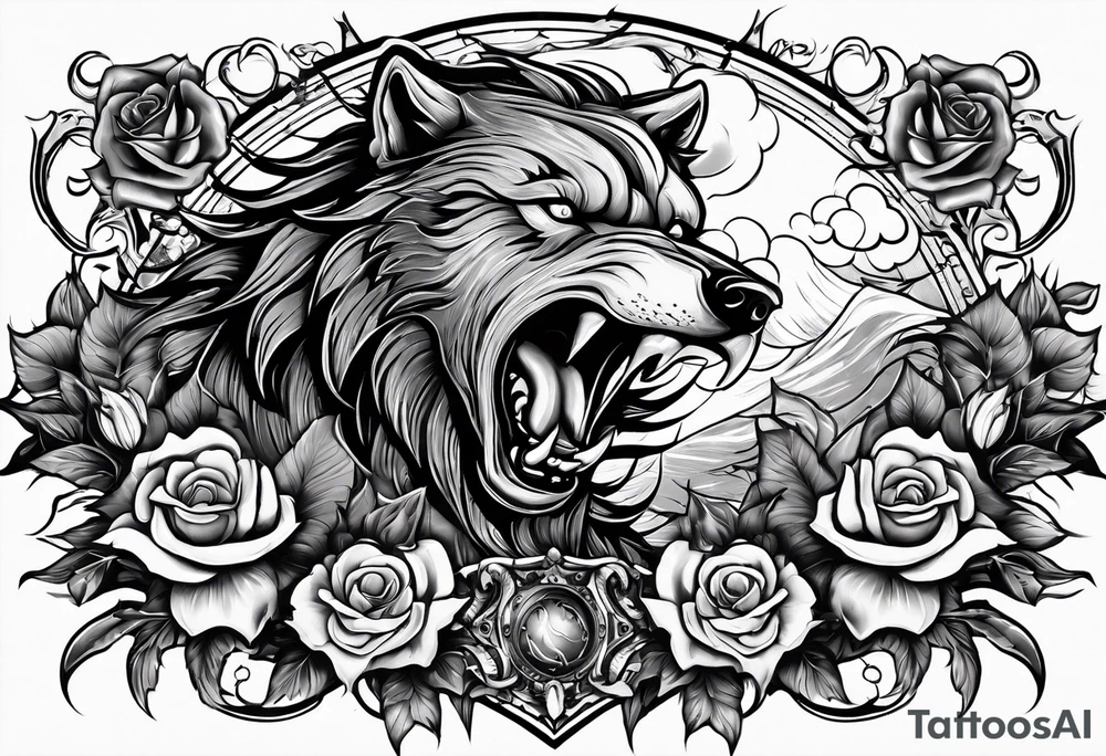 Raging storm with vicious wolf. Design for a chest piece.  Include roses and lilys tattoo idea