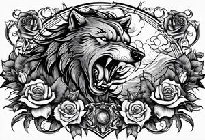 Raging storm with vicious wolf. Design for a chest piece.  Include roses and lilys tattoo idea