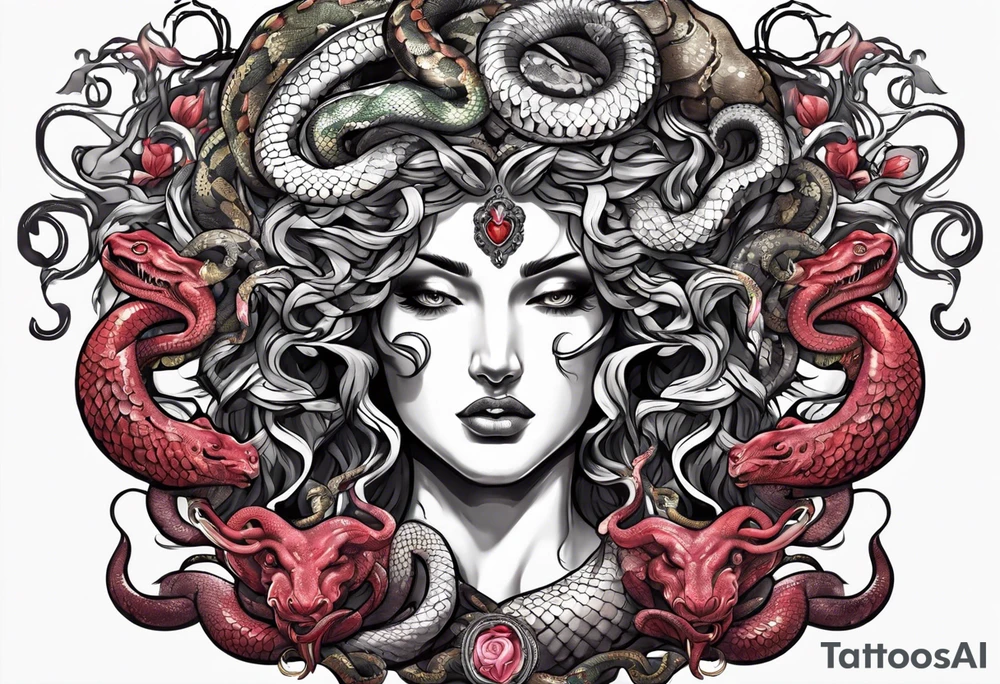 Medusa heads with snakes eating man's heart tattoo idea