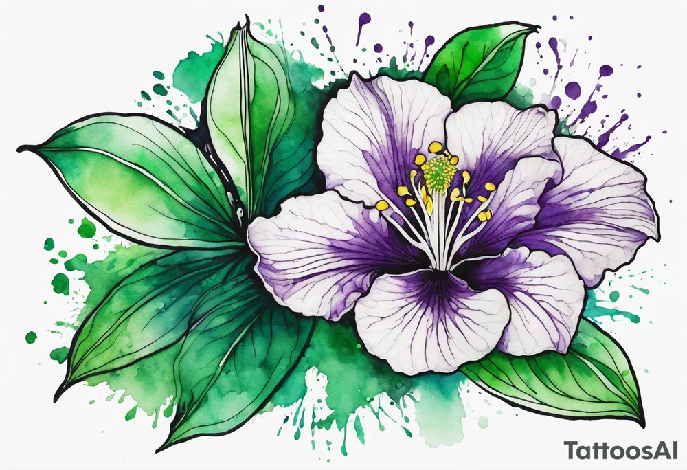 An outline of an only green rio dipladenia flower and a green and purple watercolor splash in the background tattoo idea