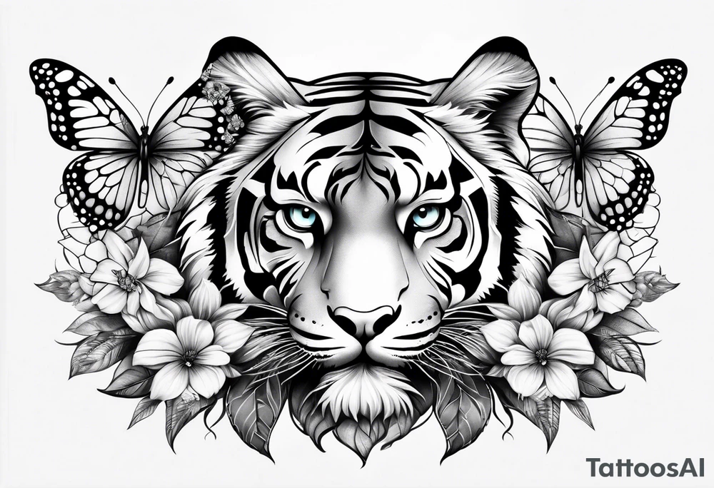 tiger, 3 butterflies, flowers for ladies thigh / hip tattoo idea