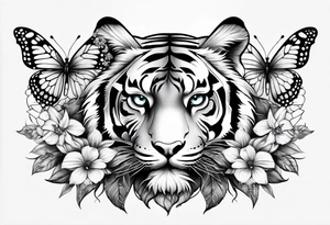 tiger, 3 butterflies, flowers for ladies thigh / hip tattoo idea