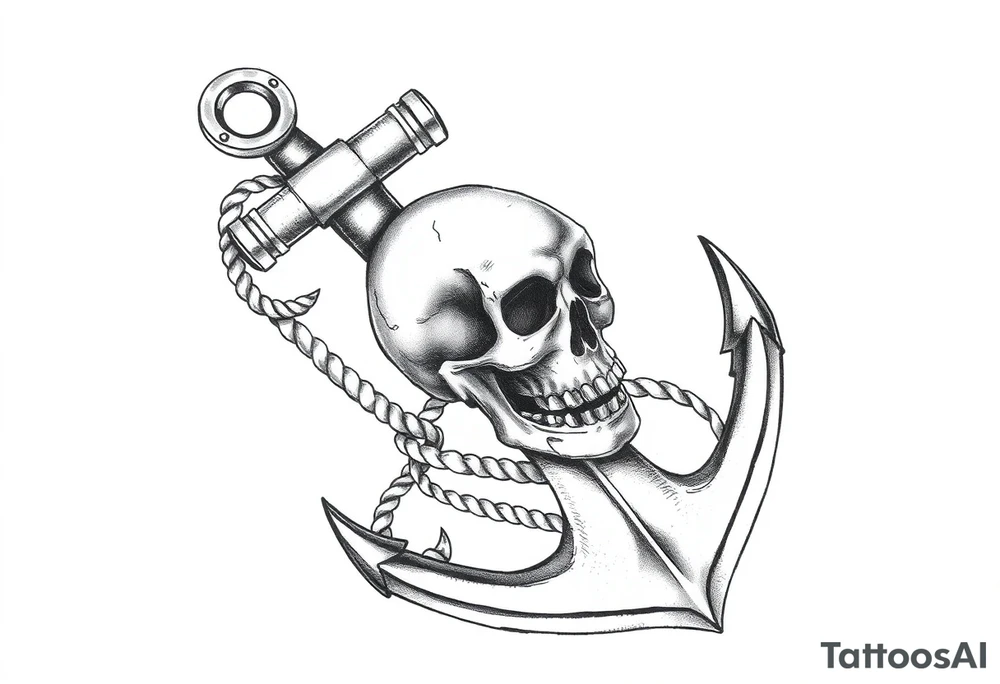 weathered anchor wrapped in nautical rope with sea wares and Roses aged skull, tattoo idea