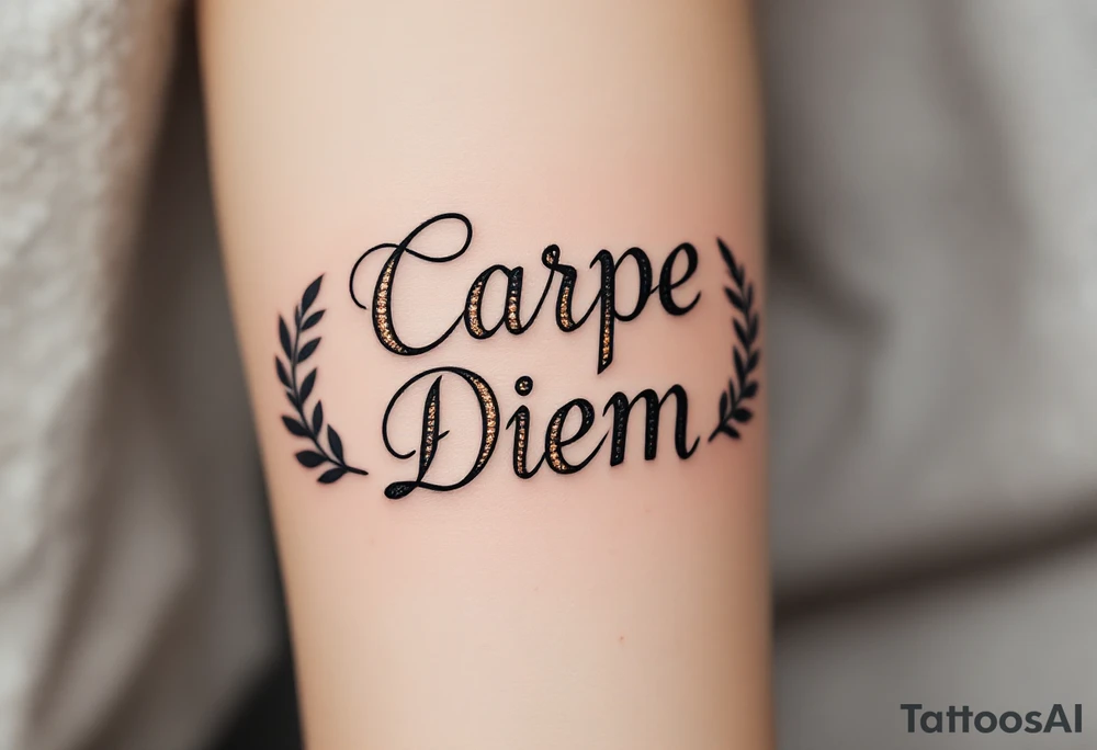 "Carpe Diem" in ornate Roman-style lettering, black and bronze gradient ink with laurel leaves on each side. tattoo idea