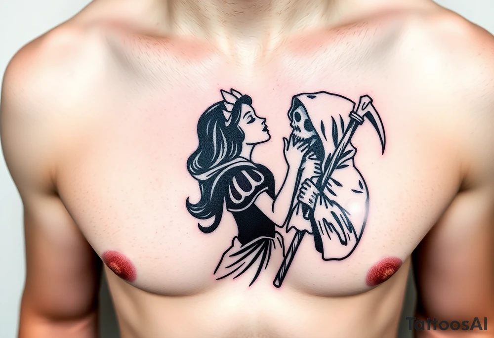 Snow White kiss of death kissing grim reaper tattoo idea