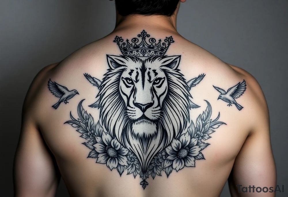 powerful majestic lion with a crown, surrounded by floral ornaments and birds tattoo idea