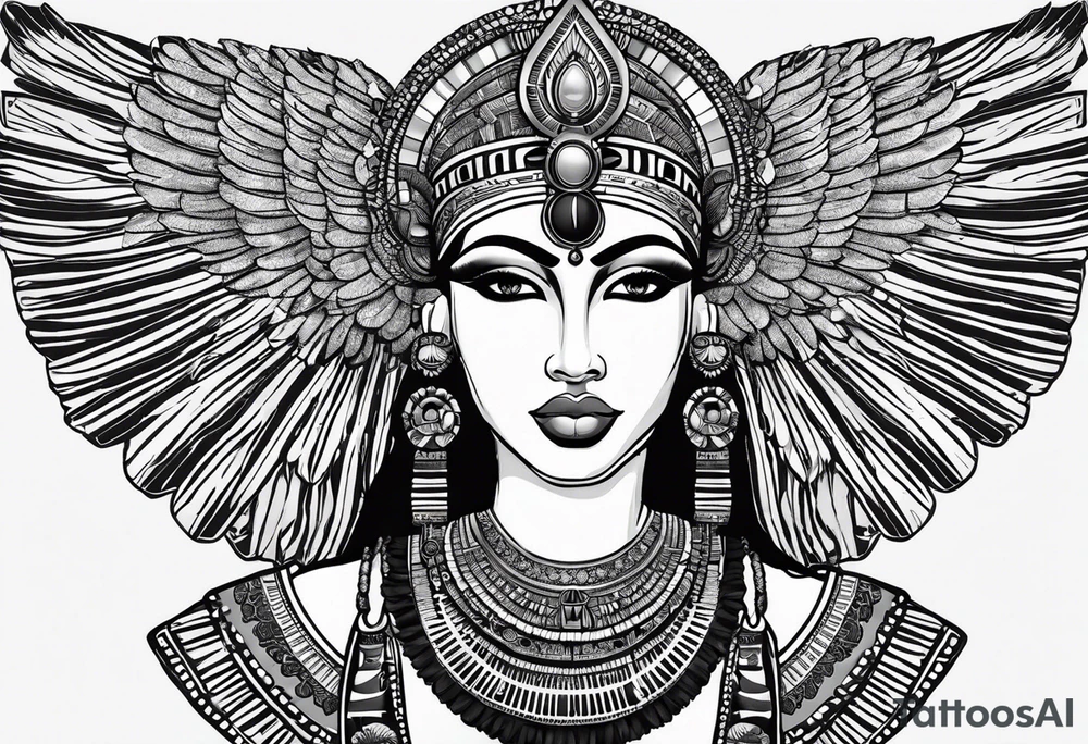 black and white Egyptian goddess Isis, who is often depicted as a woman with outstretched wings, holding an ankh (a symbol of life) in one hand and a lotus flower in the other. Her headdress often includes a throne or a solar disk. The tattoo design can vary in style and size, but it typically aims to capture the essence of this revered Egyptian deity, emphasizing her beauty, power, and maternal qualities. The choice of colors and additional elements can also be customized to create a unique and visually striking representation of the goddess Isis tattoo idea