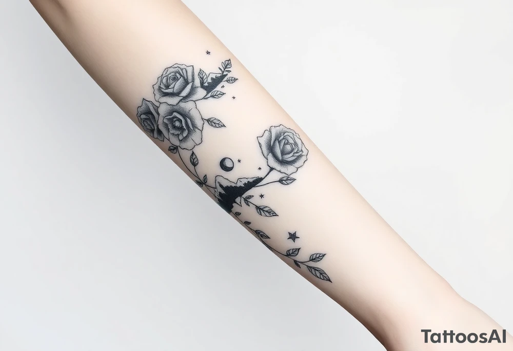 Roses wild flower vine with moon and stars mountains wrap around arm tattoo idea