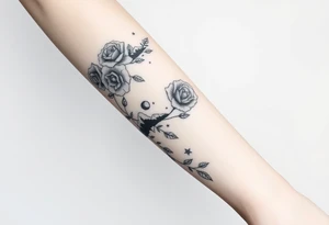 Roses wild flower vine with moon and stars mountains wrap around arm tattoo idea