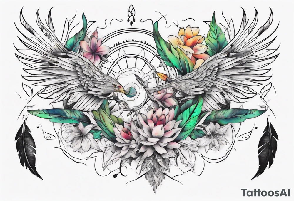 Back tattoo fine line with nature and some
Colors tattoo idea