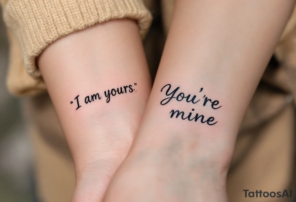 “I am yours” in soft gray on her wrist and “You´re mine” in black on his neck symbolize mutual belonging. tattoo idea