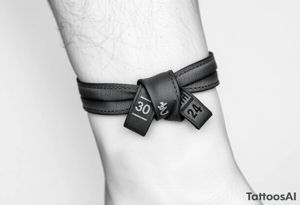 A realistic black and gray tattoo of a Brazilian Jiu-Jitsu black belt wrapping around the wrist like a bracelet. The belt is tied in a knot with one end showing the number 30 and the other showing 24. On the flat end of the belt, two Japanese kanji characters are inked in white: 成長 (growth) and 忍耐 (perseverance). The belt has subtle stitch marks and worn, textured shading for a slightly distressed, authentic look. tattoo idea