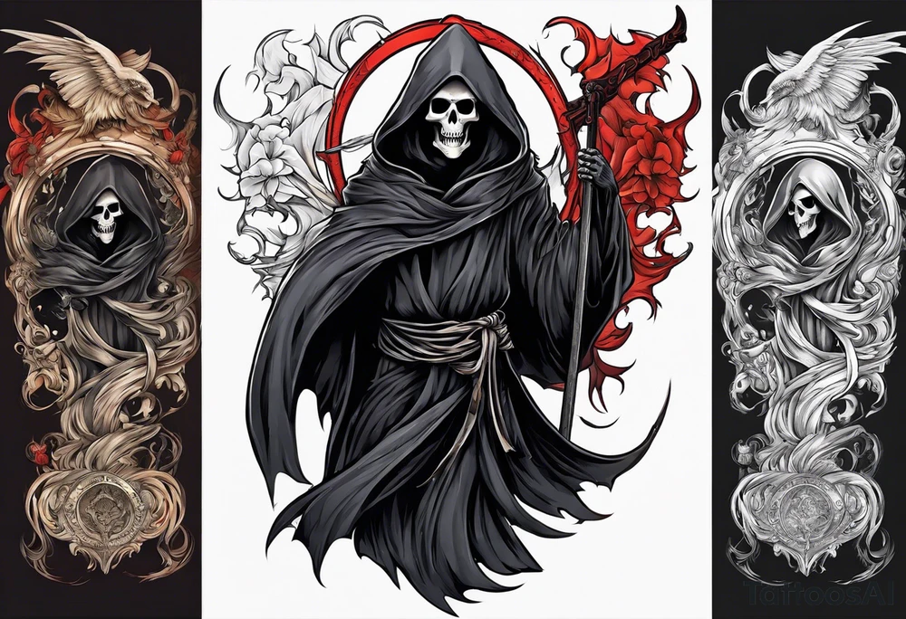 A full body grim reaper with his hood completely off, a halo above his head. tattoo idea