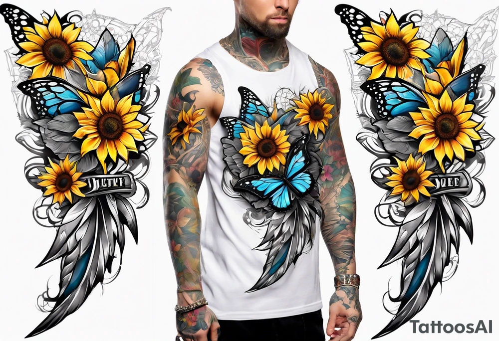 Arm sleeve with Winged cross with sunflower and butterflies tattoo idea