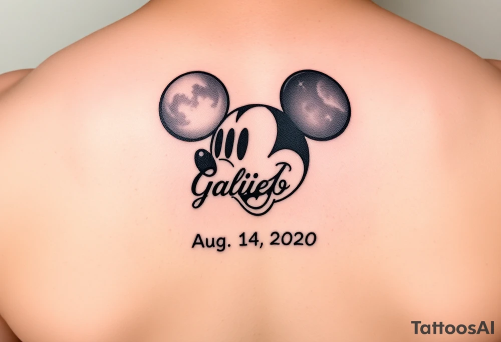 mickey mouse symbol with the name Galileo and the date August 14,2020, incorporated tattoo idea