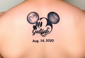 mickey mouse symbol with the name Galileo and the date August 14,2020, incorporated tattoo idea