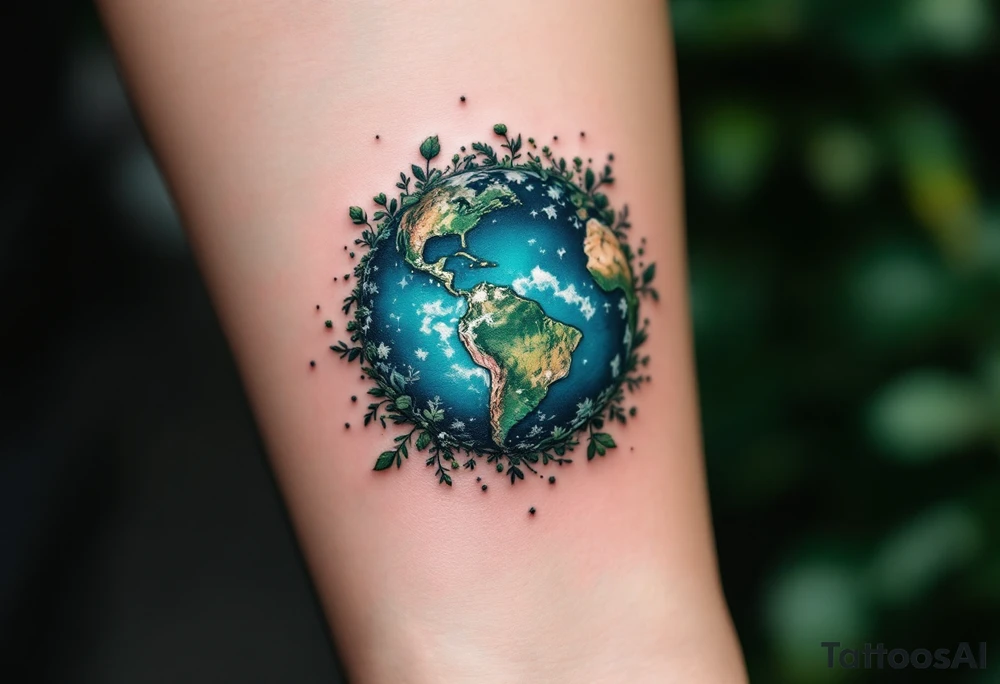 A microrealism Earth tattoo shaded with marine blue and mossy green nestles in the crook of the elbow. tattoo idea