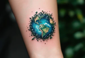 A microrealism Earth tattoo shaded with marine blue and mossy green nestles in the crook of the elbow. tattoo idea